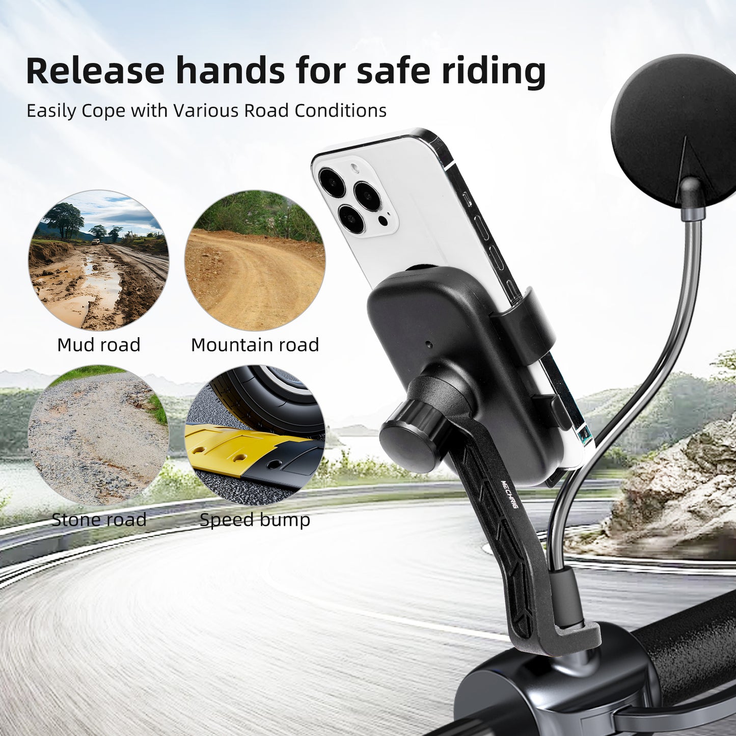 Mechrig Motorcycle Rearview Mirror Adjustable Phone Holder