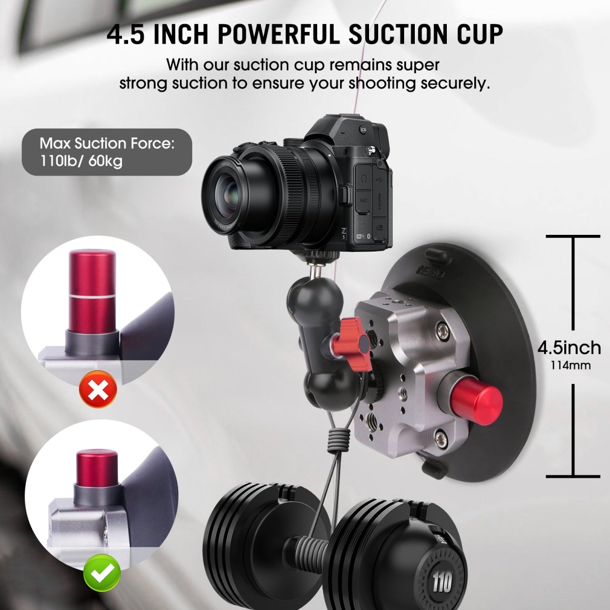 Mechrig 4.5" Suction Cup Camera Mount with 1/4" Screw Ball Head Magic Arm - CAME - TV