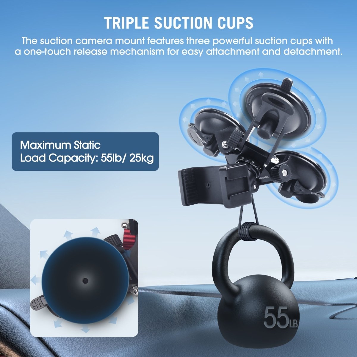 Mechrig Multi - Angle Triple Suction Cup Car Mount with 360° Ball Head - CAME - TV